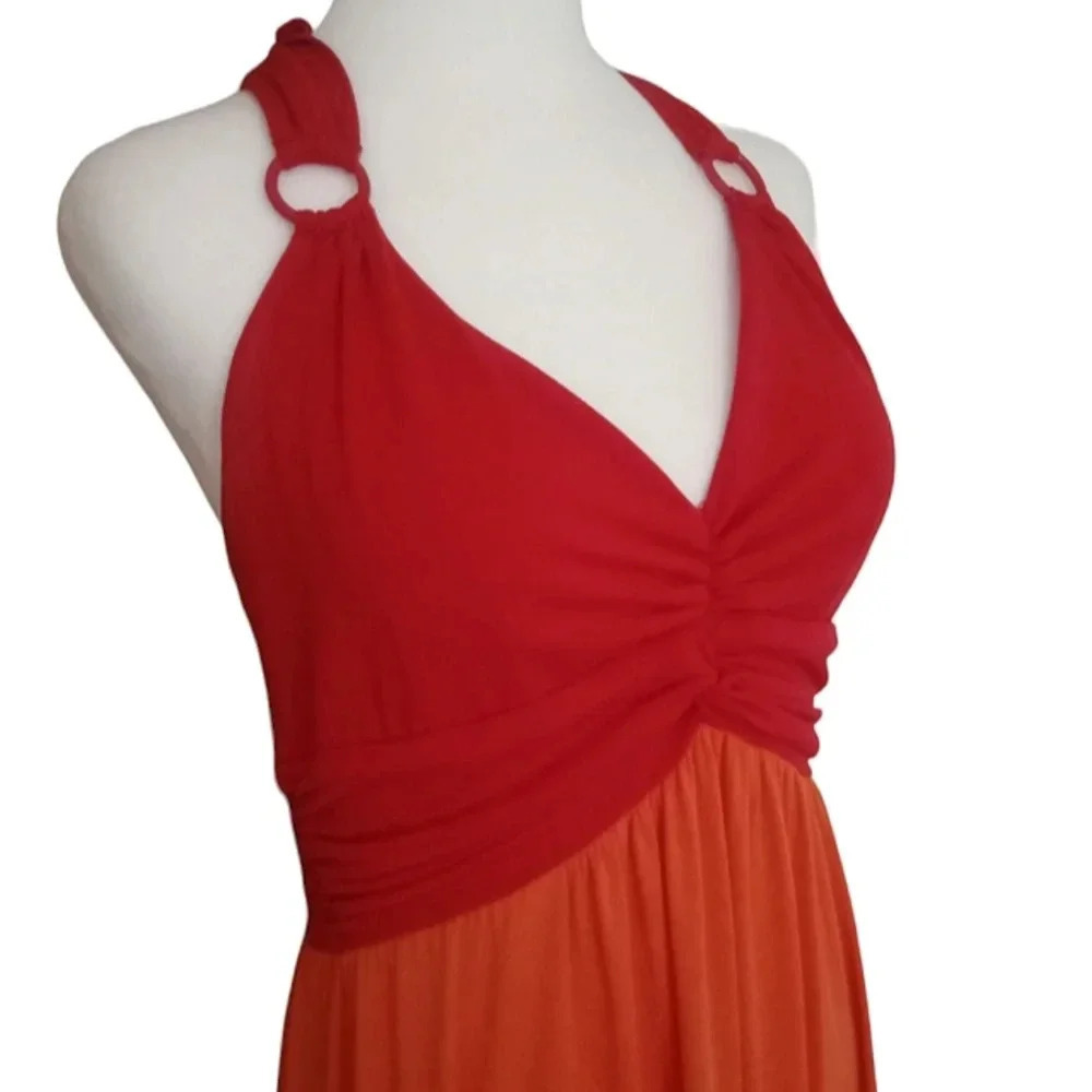Muse Multicolor Tiered Halter Style Maxi Dress Stretchy Red Orange Pink Size 12 - Picture 3 of 6